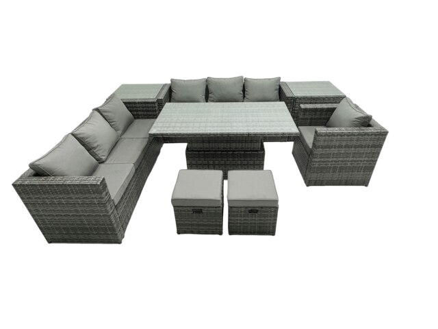 Rackhams Rattan Dining Table Sofa Set with Armchair 2 Small Stools Outdoor 9 Seat Garden Furniture Set Dark Grey Mixed - image 1