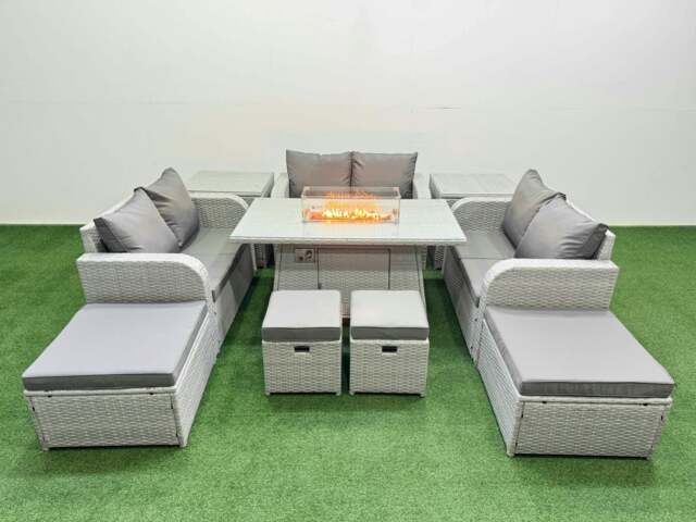 Rackhams PE Rattan Lounge Sofa Set 10 Seater Outdoor Garden Furniture Set with Gas Fire Pit Table Love Sofa 2 Big Footstools 2 Side Tables Light Grey - image 1