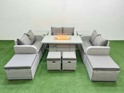 Rackhams PE Rattan Lounge Sofa Set 10 Seater Outdoor Garden Furniture Set with Gas Fire Pit Table Love Sofa 2 Big Footstools 2 Side Tables Light Grey - thumbnail 1