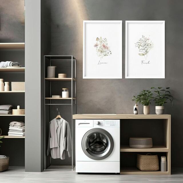 Rackhams Laundry Room Posters - Set of 2 wall art prints - A4 8.27 x 11.69 in / 21 x 29.7 cm - Satin Photo paper 280 gsm - Oak Frame - image 1
