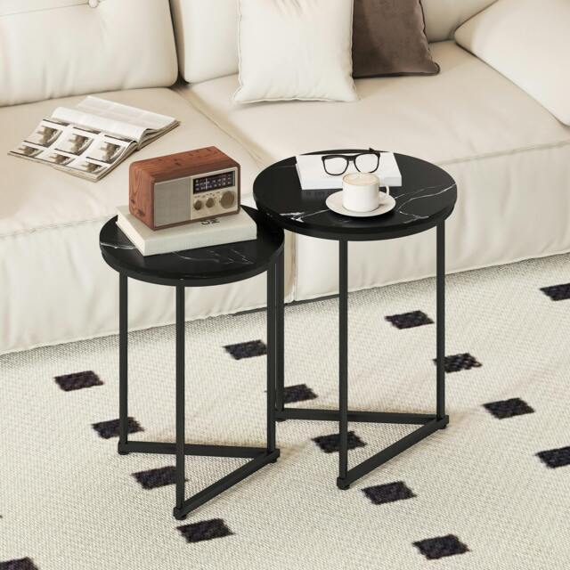 Rackhams Nesting Coffee Table Set of 2 with Metal Frame, Black Marble Effect - Black - Large: 45 cm, Small: 40 cm - MDF, Steel - image 1