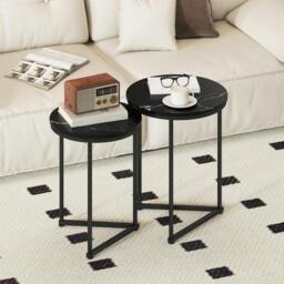 Rackhams Nesting Coffee Table Set of 2 with Metal Frame, Black Marble Effect - Black - Large: 45 cm, Small: 40 cm - MDF, Steel