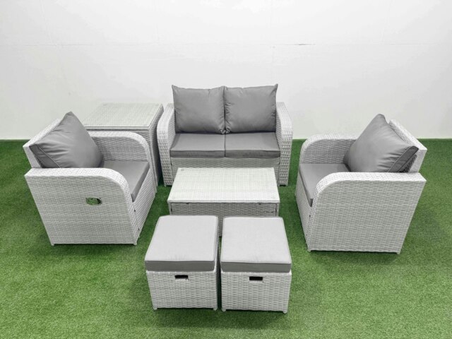 Rackhams 6-Seater Light Grey PE Rattan Sofa Set - Outdoor/Indoor Reclining Chair, Rectangular Coffee Table, 2 Footstools, Side Table - image 1