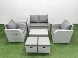 Rackhams 6-Seater Light Grey PE Rattan Sofa Set - Outdoor/Indoor Reclining Chair, Rectangular Coffee Table, 2 Footstools, Side Table - thumbnail 1