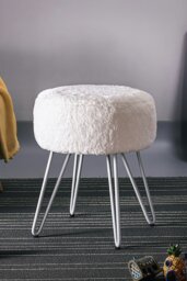 Rackhams Soft Fluffy White Low Chair Dressing Footstool with Metal Leg - White - thumbnail 1