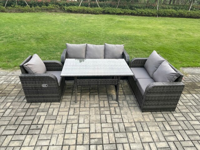 Rackhams 6 Seater Garden Rattan Furniture Dining Table Sofa Set Indoor Outdoor with Reclining Chairs Dark Grey Mixed - image 1