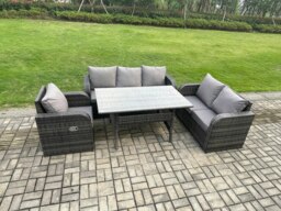 Rackhams 6 Seater Garden Rattan Furniture Dining Table Sofa Set Indoor Outdoor with Reclining Chairs Dark Grey Mixed - thumbnail 2