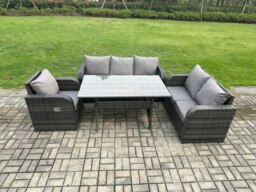 Rackhams 6 Seater Garden Rattan Furniture Dining Table Sofa Set Indoor Outdoor with Reclining Chairs Dark Grey Mixed - thumbnail 1