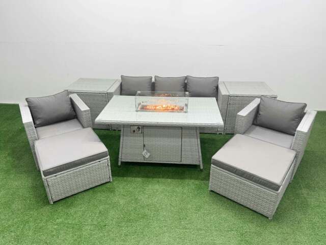 Rackhams 7 Seater PE Rattan Garden Furniture Set with Fire Pit Dining Table, 3 Seater Sofa, 2 Big Footstools, 2 Side Tables - Light Grey - image 1