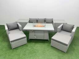 Rackhams 7 Seater PE Rattan Garden Furniture Set with Fire Pit Dining Table, 3 Seater Sofa, 2 Big Footstools, 2 Side Tables - Light Grey - thumbnail 1