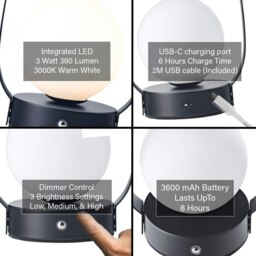 Rackhams Matt Black Rechargeable Touch Dimmable Lantern Table Lamp with Frosted Shade - thumbnail 4