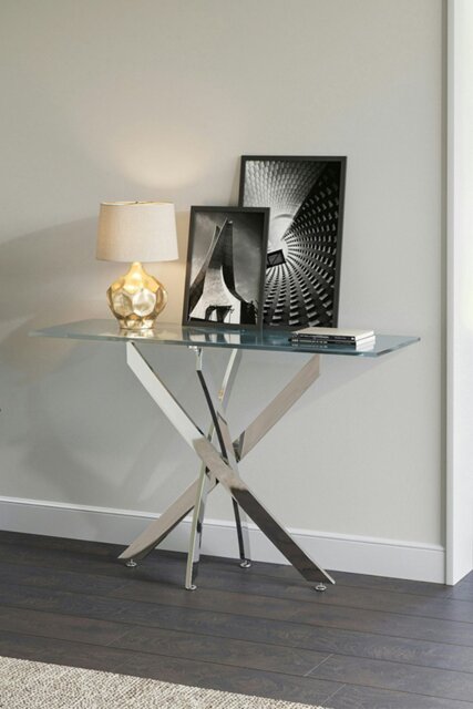 Rackhams 40cmD Stylish Tempered Glass Coffee Table Rectangular Dining Table with Chrome Cross Legs - Clear - image 1