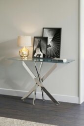 Rackhams 40cmD Stylish Tempered Glass Coffee Table Rectangular Dining Table with Chrome Cross Legs - Clear - thumbnail 1