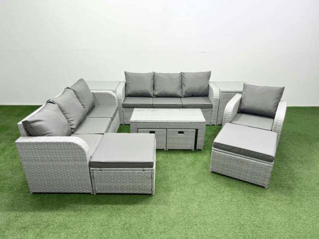Rackhams Outdoor Garden Furniture Set PE Rattan 3 Seater Sofa Reclining Chair Set with Oblong Coffee Table 4 Footstools 2 Side Tables Light Grey - image 1