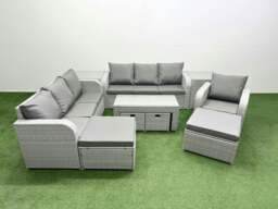 Rackhams Outdoor Garden Furniture Set PE Rattan 3 Seater Sofa Reclining Chair Set with Oblong Coffee Table 4 Footstools 2 Side Tables Light Grey - thumbnail 1