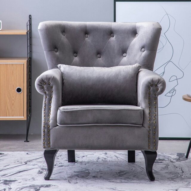 Rackhams 85cm Height Grey Tufted Velvet Upholstered Wingback Chair with Pillow