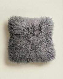 Rackhams Large Mongolian Sheepskin Cushion - 50cm - Grey - With Filler - thumbnail 1