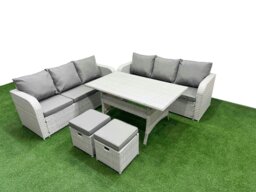 Rackhams Outdoor Garden Furniture Sets 8 Seater Wicker Rattan Furniture Sofa Sets with Rectangular Dining Table high Back Lounge Sofa Stools Light Grey - thumbnail 1