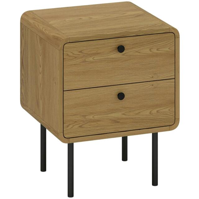 Rackhams Bedside Table with 2 Drawers and Steel Legs - Oak