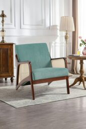 Rackhams Green Corduroy Armchair with Rattan Armrest - Green