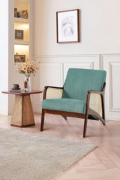 Rackhams Green Corduroy Armchair with Rattan Armrest - Green - thumbnail 2