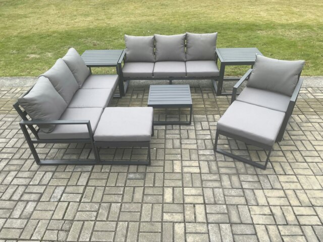 Rackhams Aluminium Outdoor Lounge Sofa Set Garden Furniture Sets with Square Coffee Table Chair 2 Big Footstools 2 Side Tables Dark Grey - image 1
