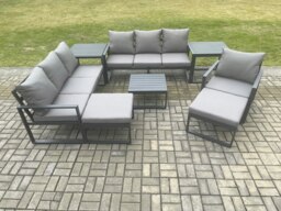 Rackhams Aluminium Outdoor Lounge Sofa Set Garden Furniture Sets with Square Coffee Table Chair 2 Big Footstools 2 Side Tables Dark Grey - thumbnail 1