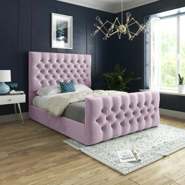 Rackhams Novara Upholstered Soft Velvet Bed Frame - Blue - Pink - Double - image 1