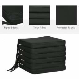 Rackhams Set of 6 Chair Cushion Seat Pads Dining Chair w/ Straps Outdoor Black - thumbnail 4