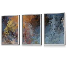 Rackhams Set of 3 Abstract Blue and Orange Framed Wall Art Prints - 30x42cm (A3) - Light Walnut - thumbnail 3