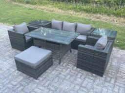 Rackhams 6 Seater Rattan Garden Furniture Set Patio Outdoor Rectangular Dining Table Lounge Sofa Chair with 2 Side Table Stool Dark Grey Mixed - thumbnail 1