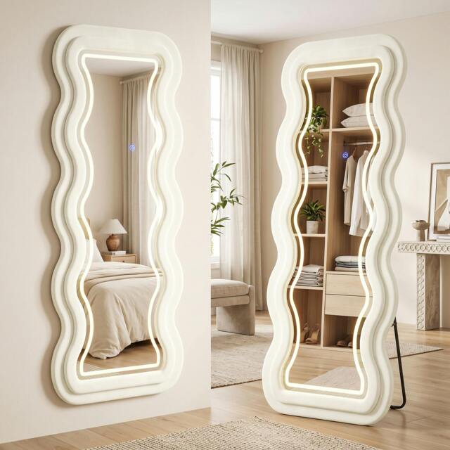 Rackhams Full Length Mirror, 160 x 60 cm Velvet Wall Standing Mirror, Cream - image 1