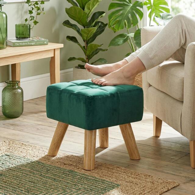 Rackhams Modern Footstool, Fabric Foot Rest with Rubber Wood Legs - Dark Green