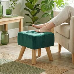 Rackhams Modern Footstool, Fabric Foot Rest with Rubber Wood Legs - Dark Green - thumbnail 1