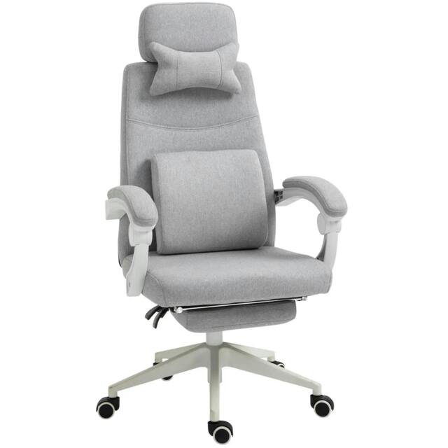 Rackhams Office Chair, High Back Fabric Work Chair with 160° Reclining Backrest, Retractable Footrest, Neck and Lumbar Pillow, Light Grey - image 1
