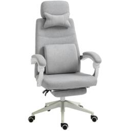 Rackhams Office Chair, High Back Fabric Work Chair with 160° Reclining Backrest, Retractable Footrest, Neck and Lumbar Pillow, Light Grey - thumbnail 1