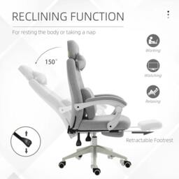 Rackhams Office Chair, High Back Fabric Work Chair with 160° Reclining Backrest, Retractable Footrest, Neck and Lumbar Pillow, Light Grey - thumbnail 5