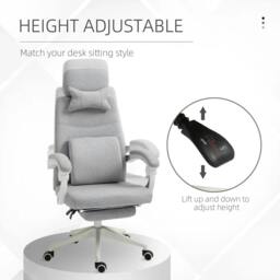 Rackhams Office Chair, High Back Fabric Work Chair with 160° Reclining Backrest, Retractable Footrest, Neck and Lumbar Pillow, Light Grey - thumbnail 4