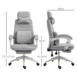 Rackhams Office Chair, High Back Fabric Work Chair with 160° Reclining Backrest, Retractable Footrest, Neck and Lumbar Pillow, Light Grey - thumbnail 3
