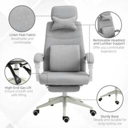 Rackhams Office Chair, High Back Fabric Work Chair with 160° Reclining Backrest, Retractable Footrest, Neck and Lumbar Pillow, Light Grey - thumbnail 6