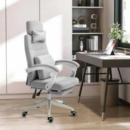 Rackhams Office Chair, High Back Fabric Work Chair with 160° Reclining Backrest, Retractable Footrest, Neck and Lumbar Pillow, Light Grey - thumbnail 2