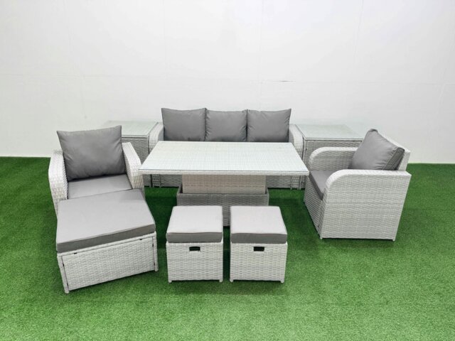 Rackhams PE Rattan Garden Furniture Set Reclining Chair Sofa Lounge Sofa Set Adjustable Lifting Dining or Coffee Table 2 Side Table 3 Stools Light Grey - image 1