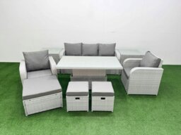 Rackhams PE Rattan Garden Furniture Set Reclining Chair Sofa Lounge Sofa Set Adjustable Lifting Dining or Coffee Table 2 Side Table 3 Stools Light Grey - thumbnail 1
