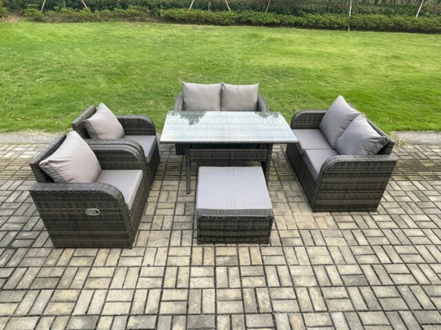 Rackhams Rattan Outdoor Furniture Garden Dining Set Rectangular Table and Chair Sofa Set With Big Footstool Dark Grey Mixed - image 1