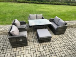 Rackhams Rattan Outdoor Furniture Garden Dining Set Rectangular Table and Chair Sofa Set With Big Footstool Dark Grey Mixed - thumbnail 2