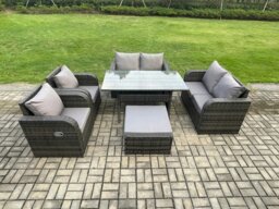 Rackhams Rattan Outdoor Furniture Garden Dining Set Rectangular Table and Chair Sofa Set With Big Footstool Dark Grey Mixed - thumbnail 1