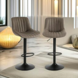 Rackhams 2PC Height Adjustable 360 PU Leather Swivel Bar Stools Set Brown - thumbnail 4