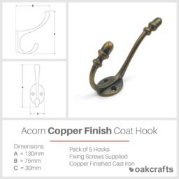 Rackhams Cast Iron Acorn Design Hat & Coat Hook In Antique Copper Finish 130mm - Pack of 5 - thumbnail 2