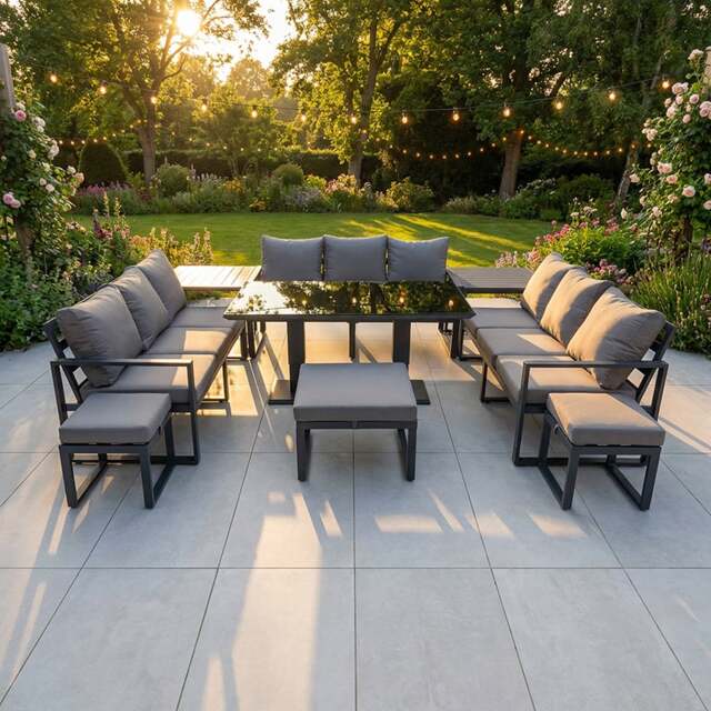 Rackhams 12 Seater Garden Sofa Set Aluminium Furniture Rising Dining Tabe Set with 2 Side Tables 3 Footstools Dark Grey - image 1