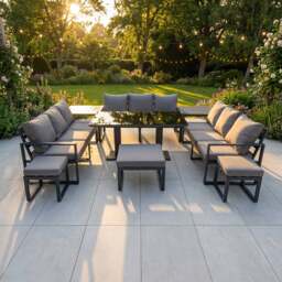 Rackhams 12 Seater Garden Sofa Set Aluminium Furniture Rising Dining Tabe Set with 2 Side Tables 3 Footstools Dark Grey
